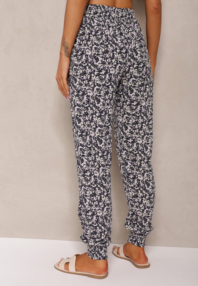 Granatowo-Różowe Wiskozowe Spodnie High Waist z Gumką w Talii Amnena