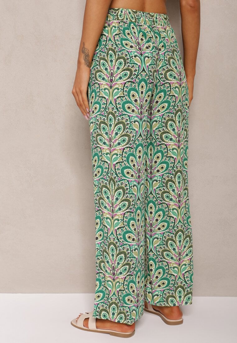 Zielone Boho Spodnie z Wiskozy High Waist z Szerokimi Nogawkami i Gumką w Pasie Walnena