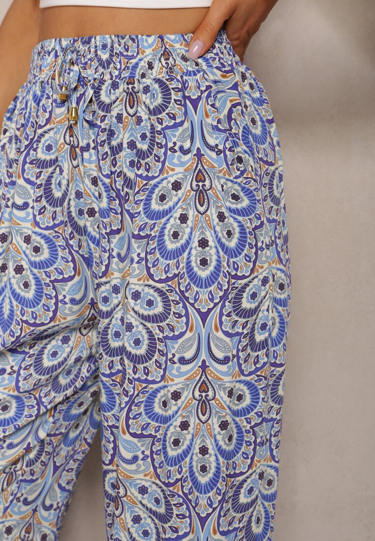 Niebieskie Boho Spodnie z Wiskozy High Waist z Szerokimi Nogawkami i Gumką w Pasie Walnena