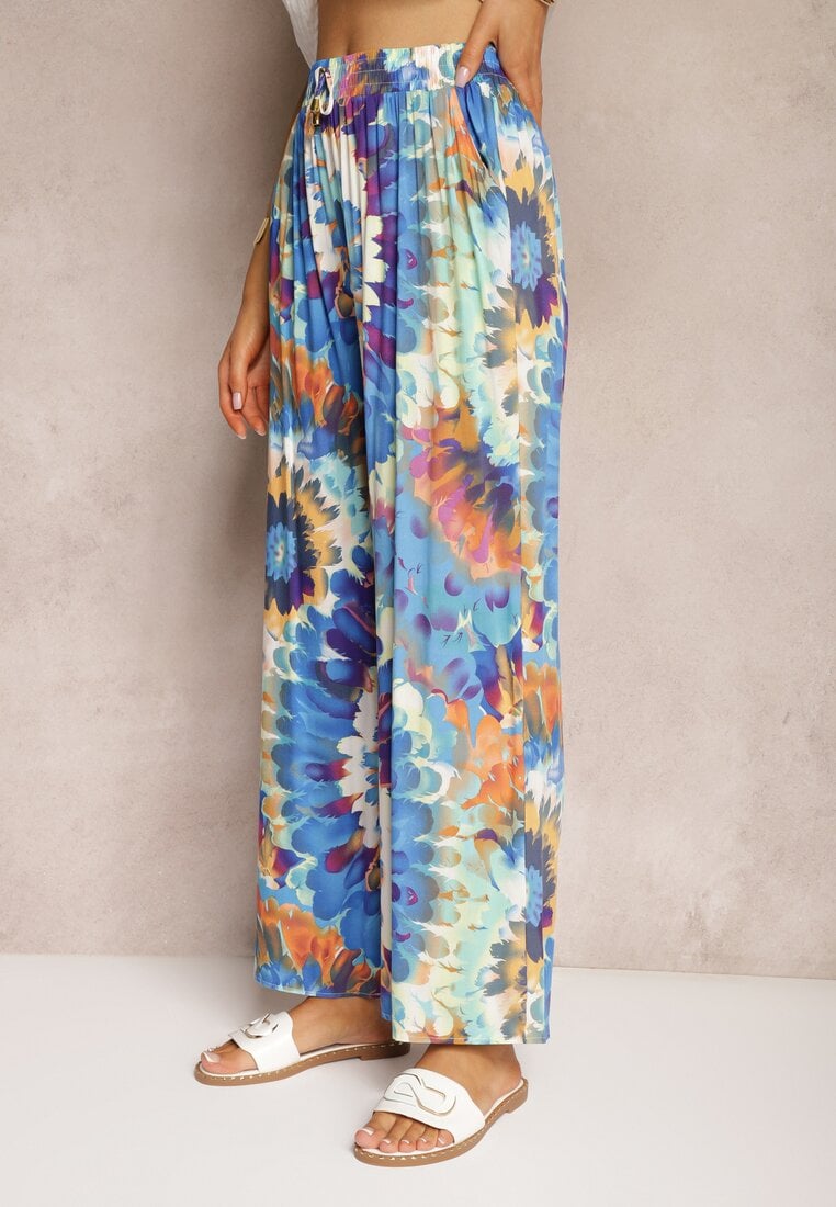 Pantaloni albaștri din viscoză cu croială largă talie înaltă tie dye cu elastic în talie Nalflea