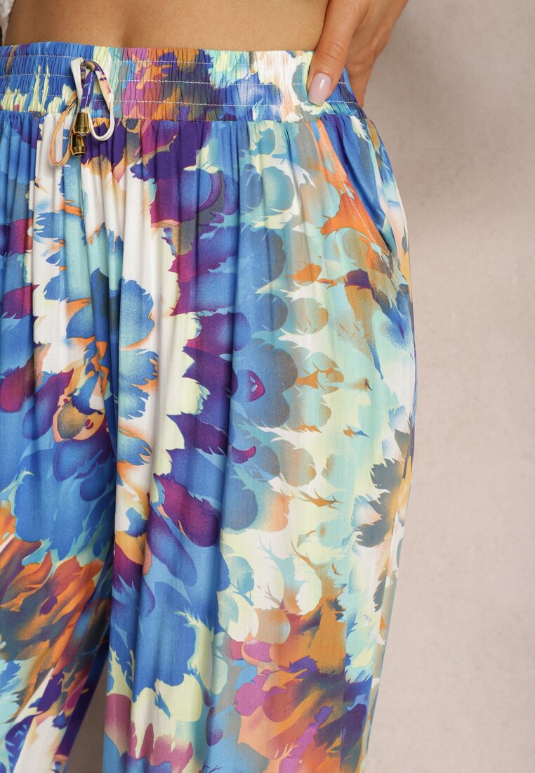 Pantaloni albaștri din viscoză cu croială largă talie înaltă tie dye cu elastic în talie Nalflea