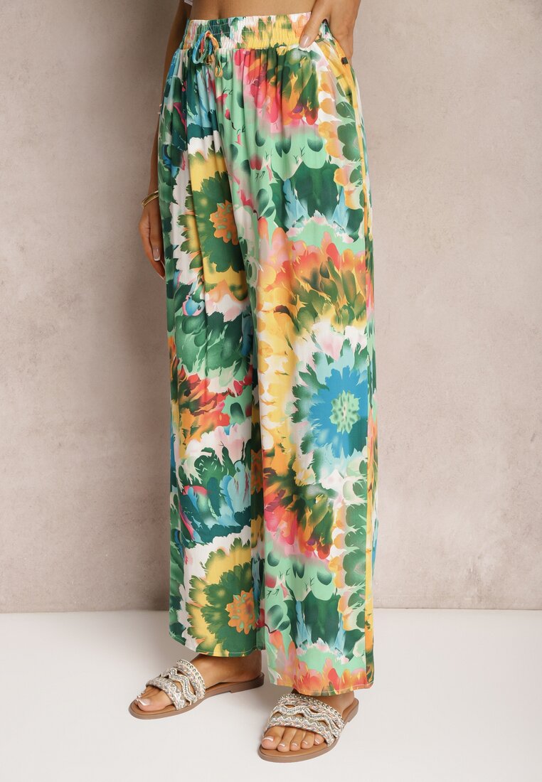 Pantaloni verzi din viscoză cu croială largă talie înaltă tie-dye cu elastic în talie Nalflea