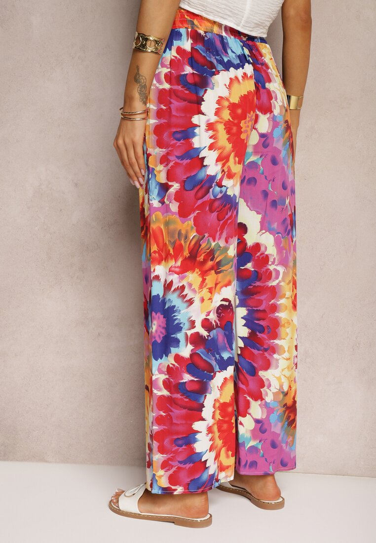 Roșu-Albastru Viscoză Pantaloni Largi High Waist Tie Dye cu Elastic în Talie Nalflea