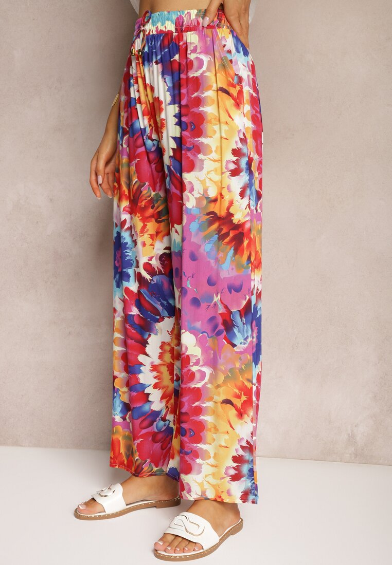 Roșu-Albastru Viscoză Pantaloni Largi High Waist Tie Dye cu Elastic în Talie Nalflea