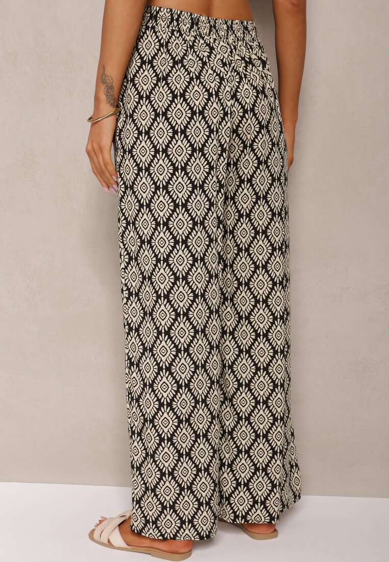 Czarno-Beżowe Szerokie Spodnie z Wiskozy High Waist w Geometryczny Wzór z Gumką w Talii Rivanorie