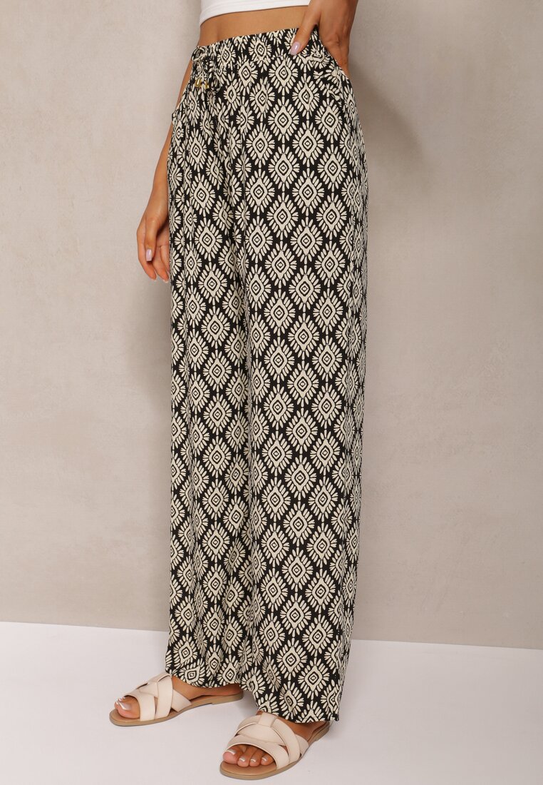 Czarno-Beżowe Szerokie Spodnie z Wiskozy High Waist w Geometryczny Wzór z Gumką w Talii Rivanorie