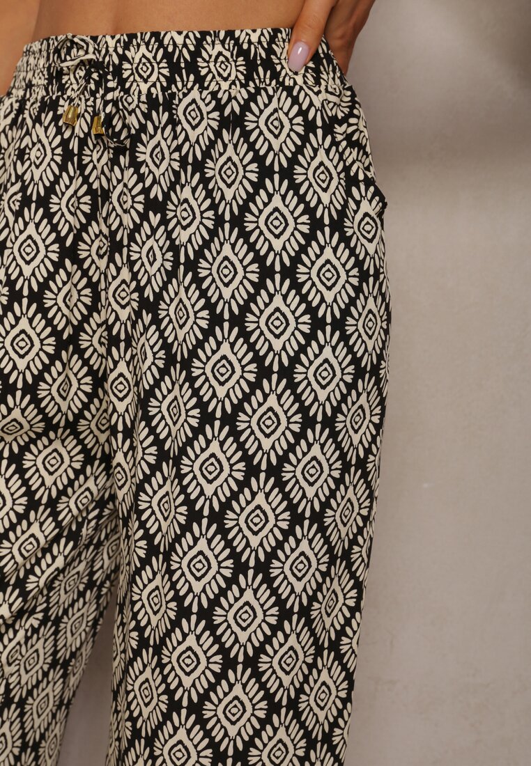 Czarno-Beżowe Szerokie Spodnie z Wiskozy High Waist w Geometryczny Wzór z Gumką w Talii Rivanorie