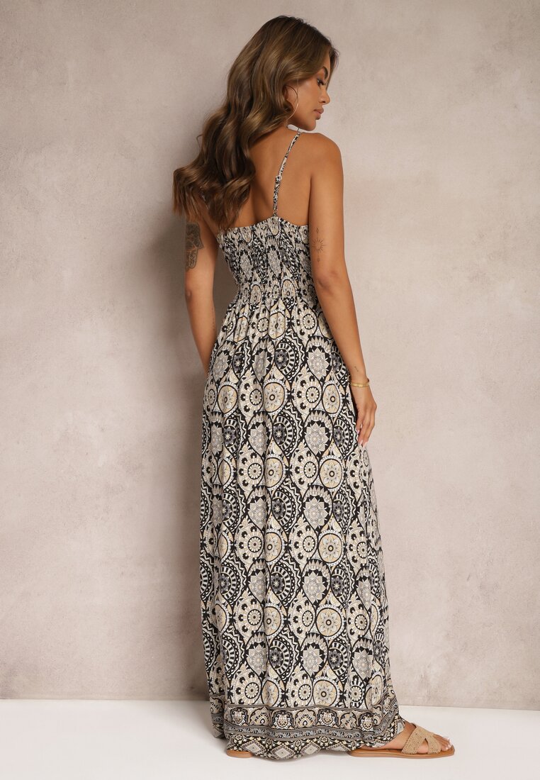 Rochie Negru-Bej în Stil Boho cu Bretele cu Elastic în Talie Felorea