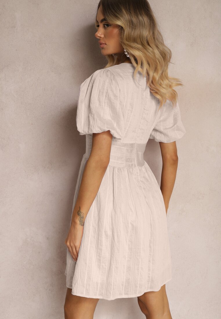 Rochie Bej Cambrata cu Adaos de Bumbac cu Fermoar Ornată cu Mâneci Bufante Malfea