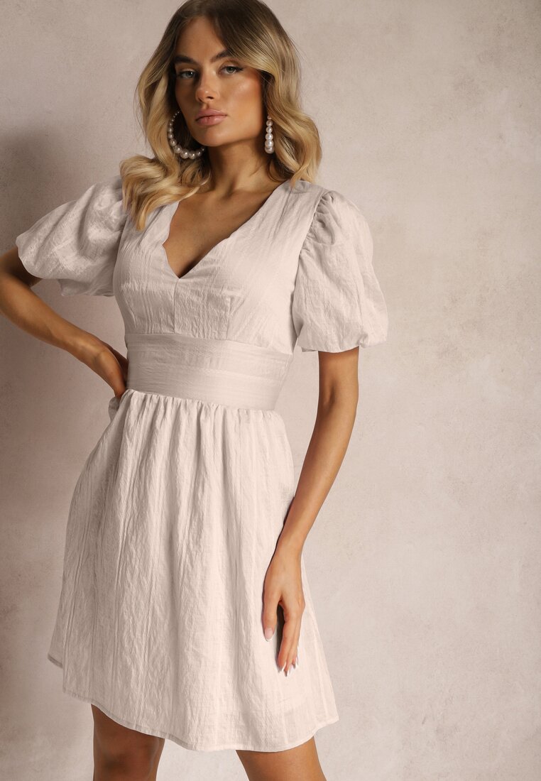 Rochie Bej Cambrata cu Adaos de Bumbac cu Fermoar Ornată cu Mâneci Bufante Malfea