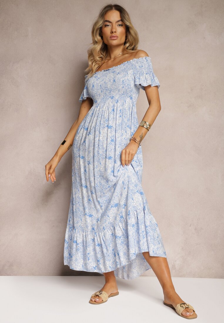 Rochie din Bumbac Albastră tip Bardot cu Volan Discret Risalins