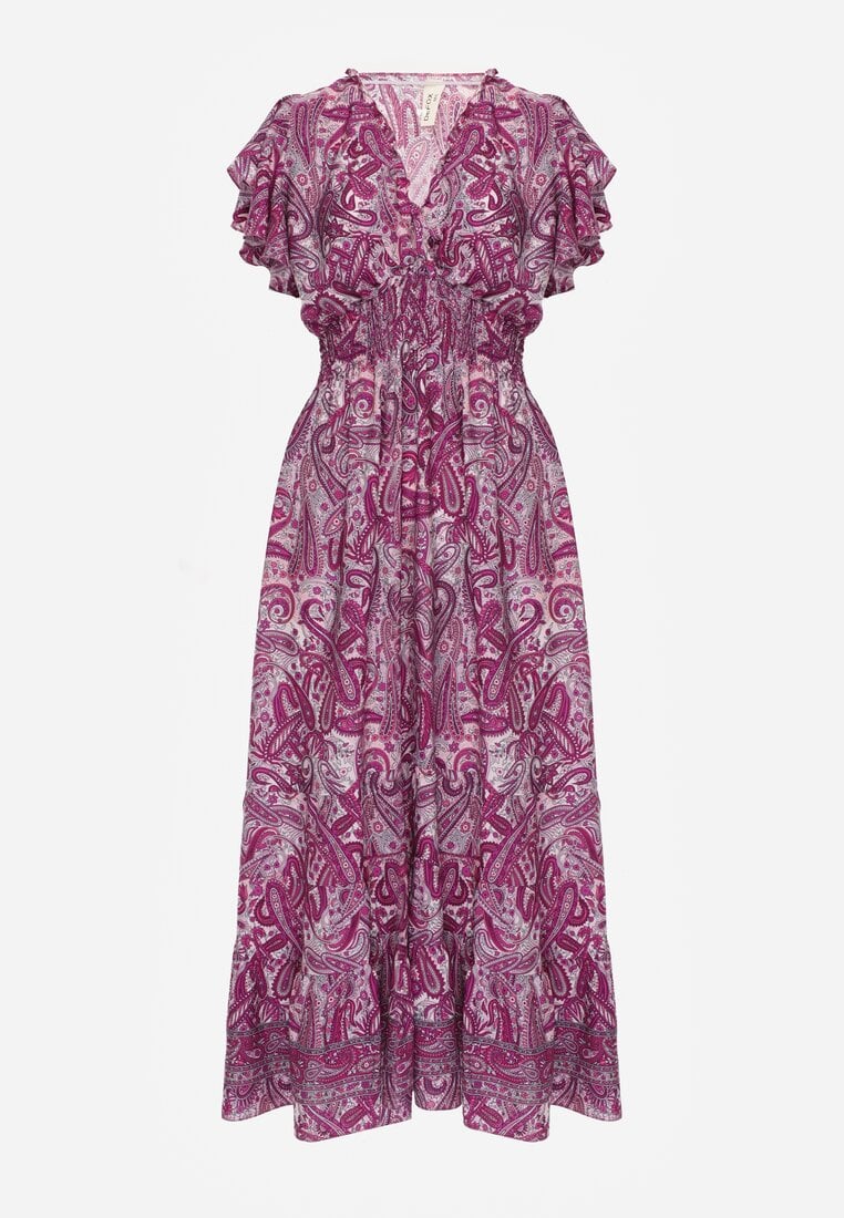 Fioletowa Bawełniana Sukienka Paisley z Kopertowym Dekoltem z Falbaną i Gumką w Talii Brionea