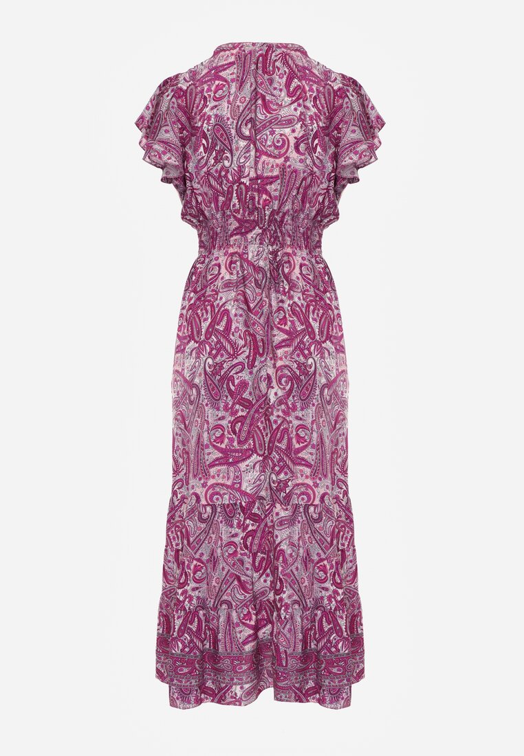 Fioletowa Bawełniana Sukienka Paisley z Kopertowym Dekoltem z Falbaną i Gumką w Talii Brionea