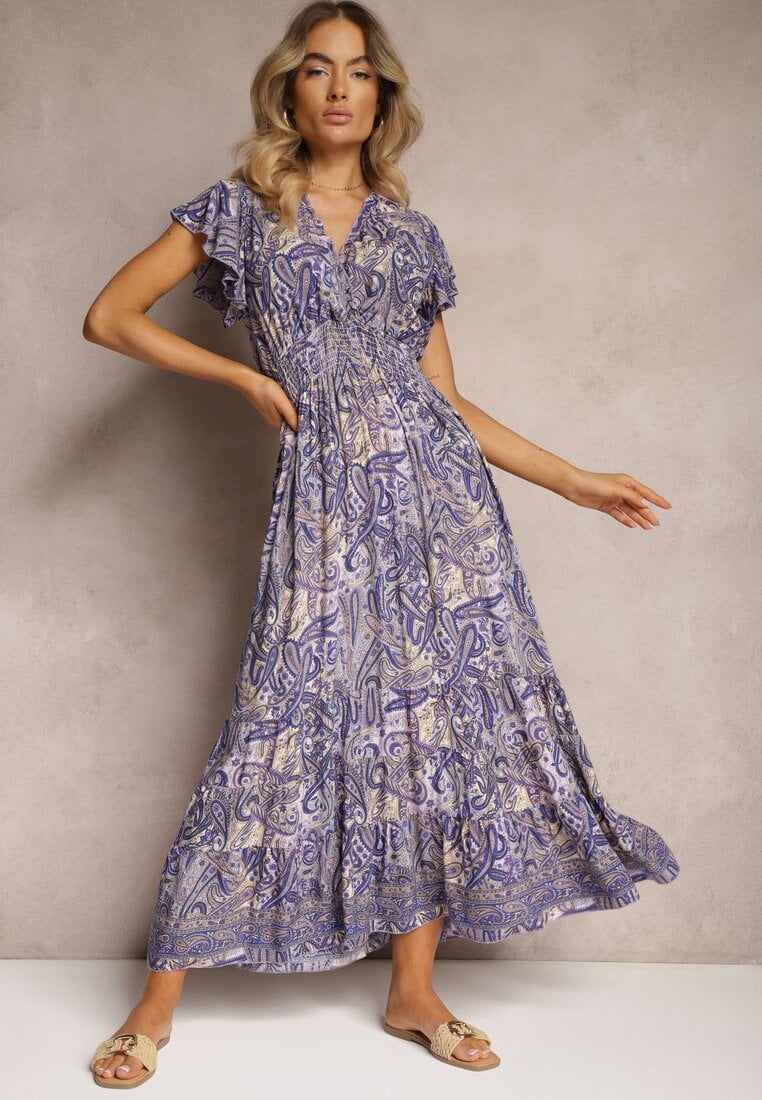 Rochie Bleumarin din Bumbac cu Imprimeu Paisley Decolteu Petrecut cu Volan și Elastic în Talie Brionea
