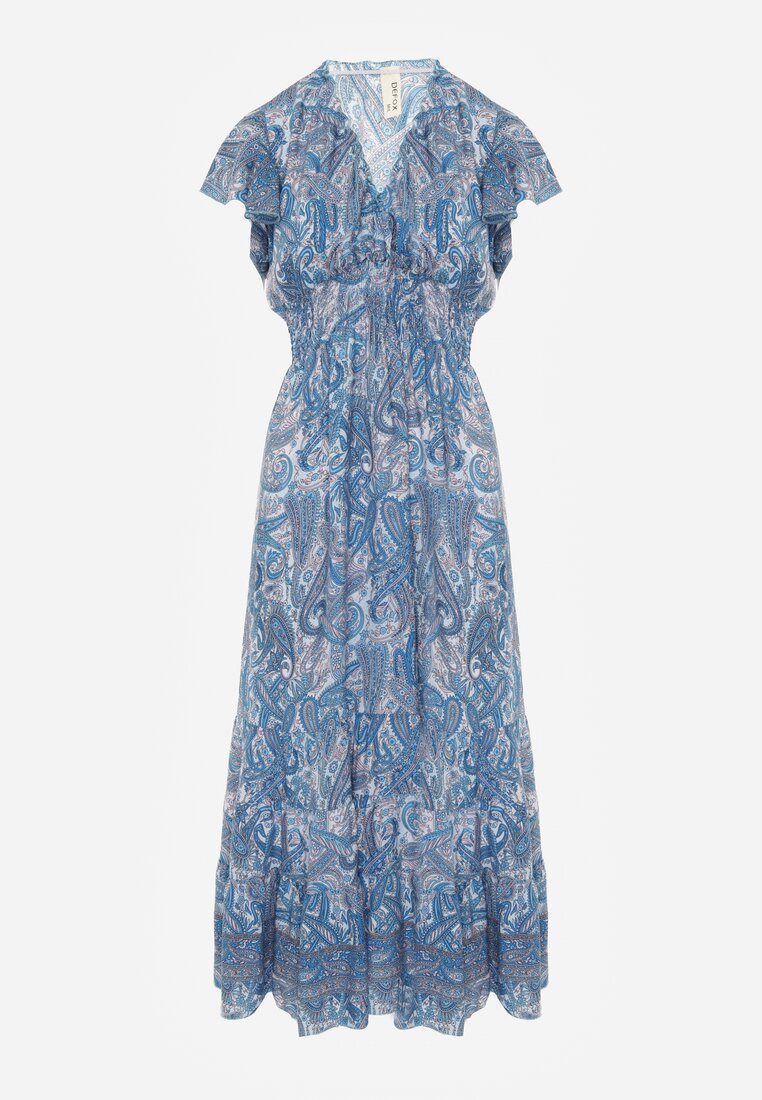 Rochie Bleumarin din Bumbac cu Imprimeu Paisley Decolteu în V cu Volane și Elastic în Talie Brionea
