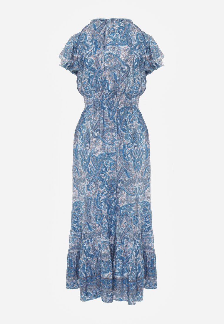 Rochie Bleumarin din Bumbac cu Imprimeu Paisley Decolteu în V cu Volane și Elastic în Talie Brionea