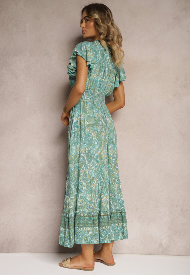 Rochie Verde din Bumbac cu Model Paisley Decolteu Înfășurat cu Volan și Elastic în Talie Brionea