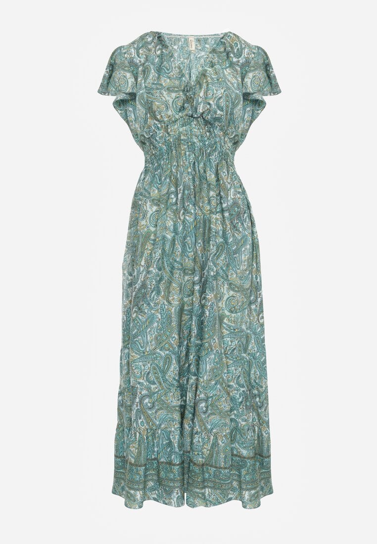 Rochie Verde din Bumbac cu Model Paisley Decolteu Înfășurat cu Volan și Elastic în Talie Brionea