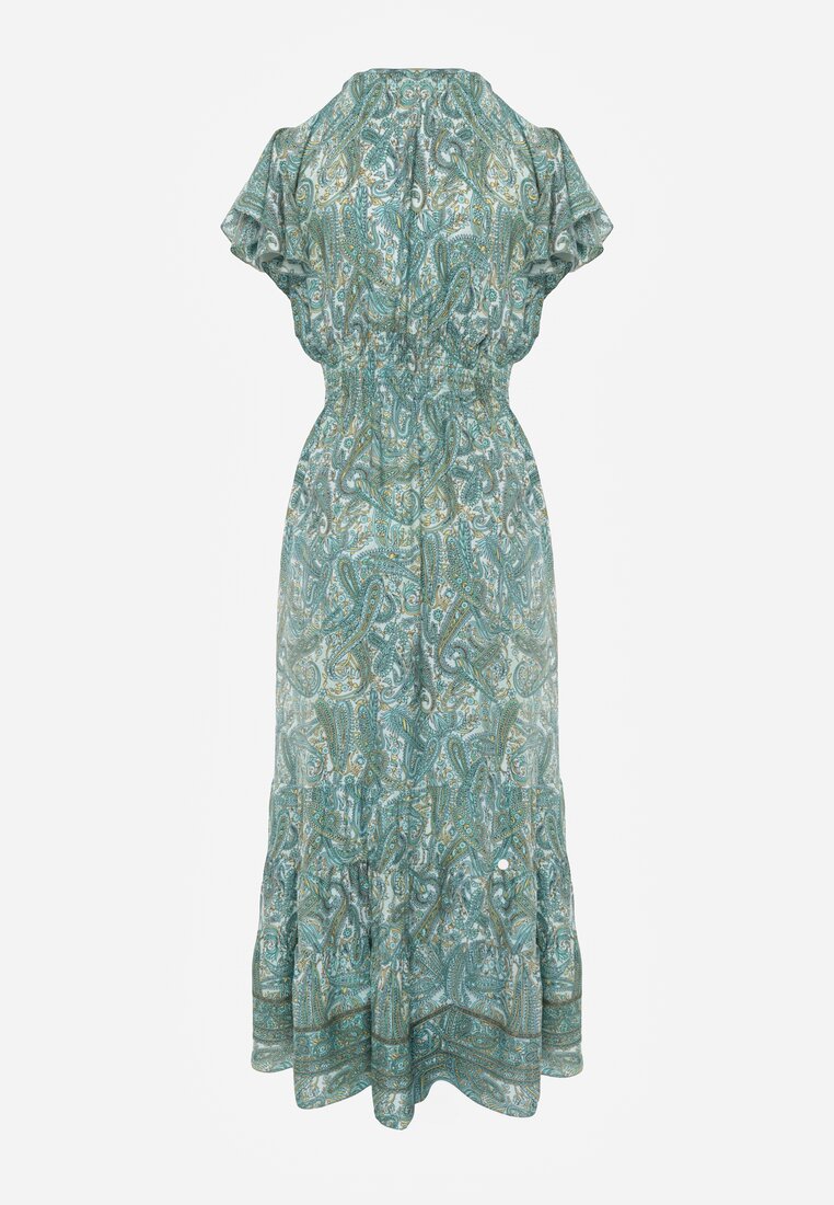 Rochie Verde din Bumbac cu Model Paisley Decolteu Înfășurat cu Volan și Elastic în Talie Brionea