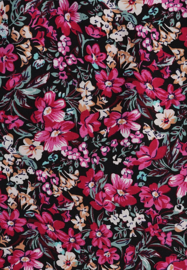 Czarno-Różowa Sukienka z Bawełny w Drobne Kwiaty z Kopertowym Dekoltem i Gumką w Talii Calnea