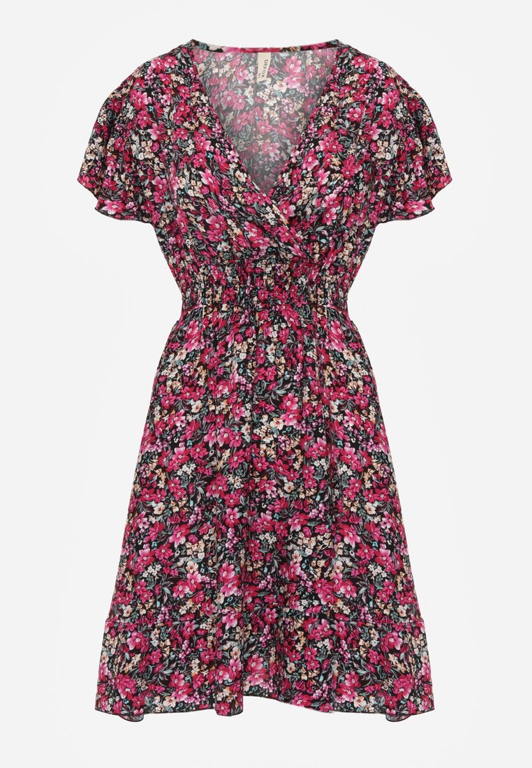Czarno-Różowa Sukienka z Bawełny w Drobne Kwiaty z Kopertowym Dekoltem i Gumką w Talii Calnea