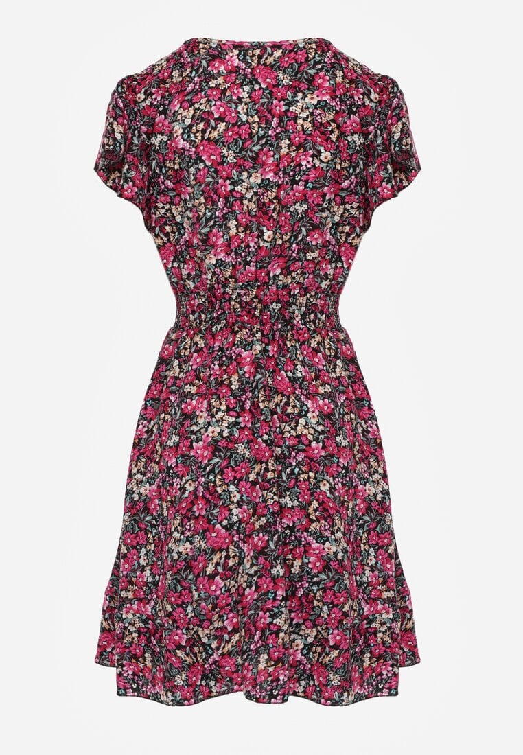 Czarno-Różowa Sukienka z Bawełny w Drobne Kwiaty z Kopertowym Dekoltem i Gumką w Talii Calnea