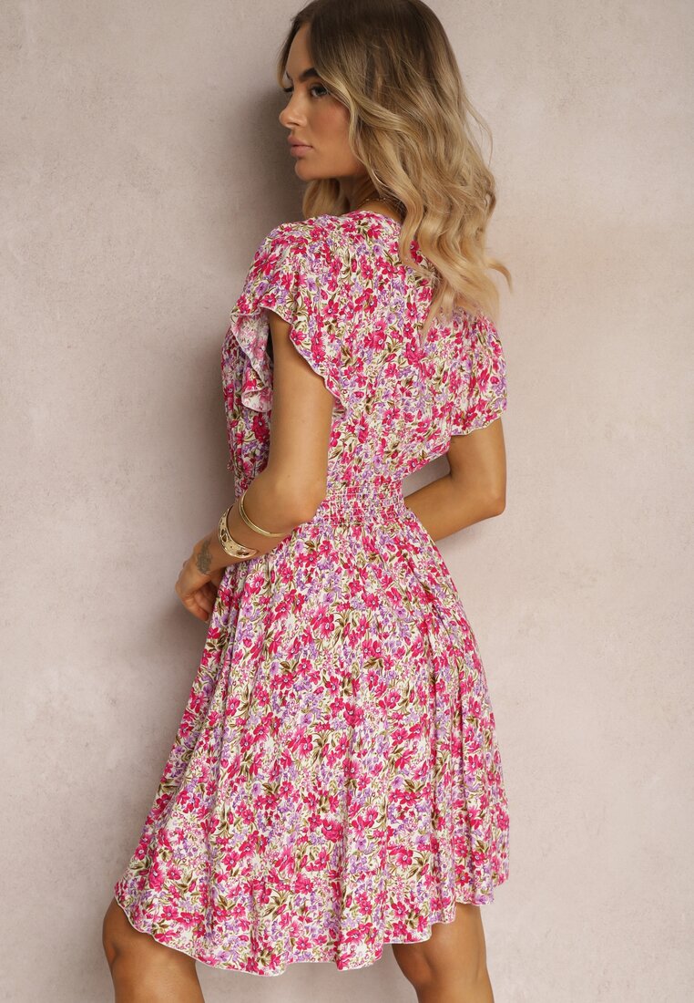 Różowa Sukienka z Bawełny w Drobne Kwiaty z Kopertowym Dekoltem i Gumką w Talii Calnea