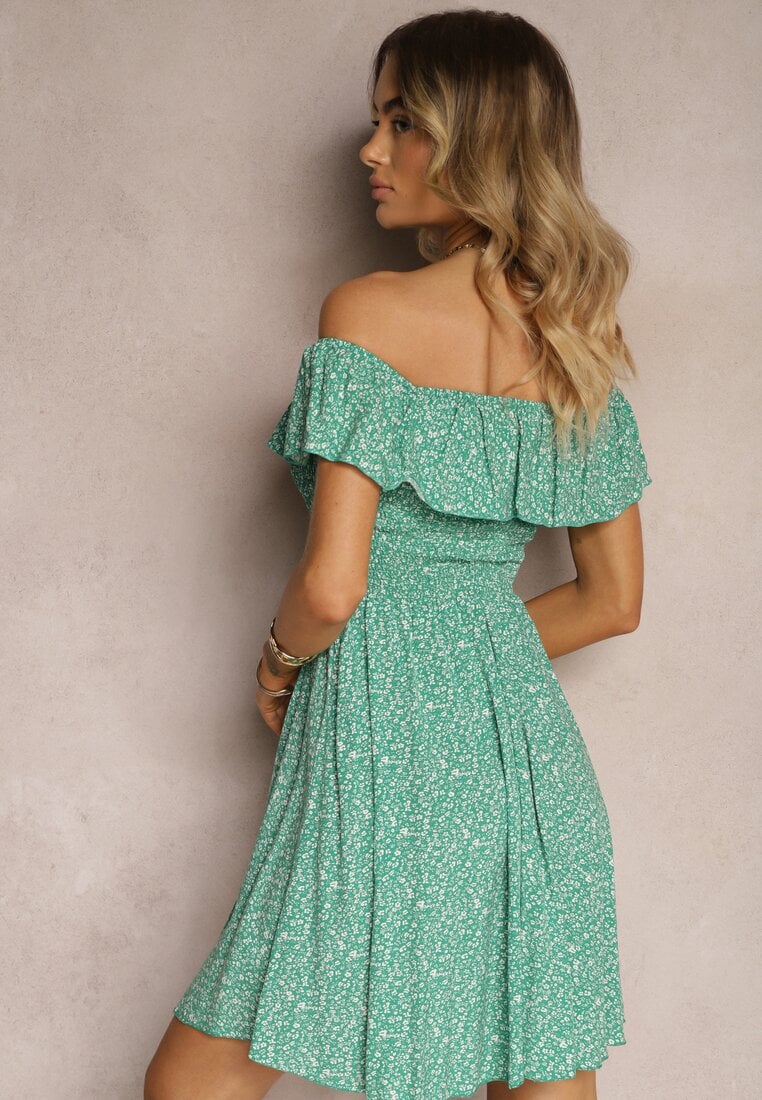 Rochie Verde Florala Spaniolă din Bumbac cu Elastic în Talie Nevima