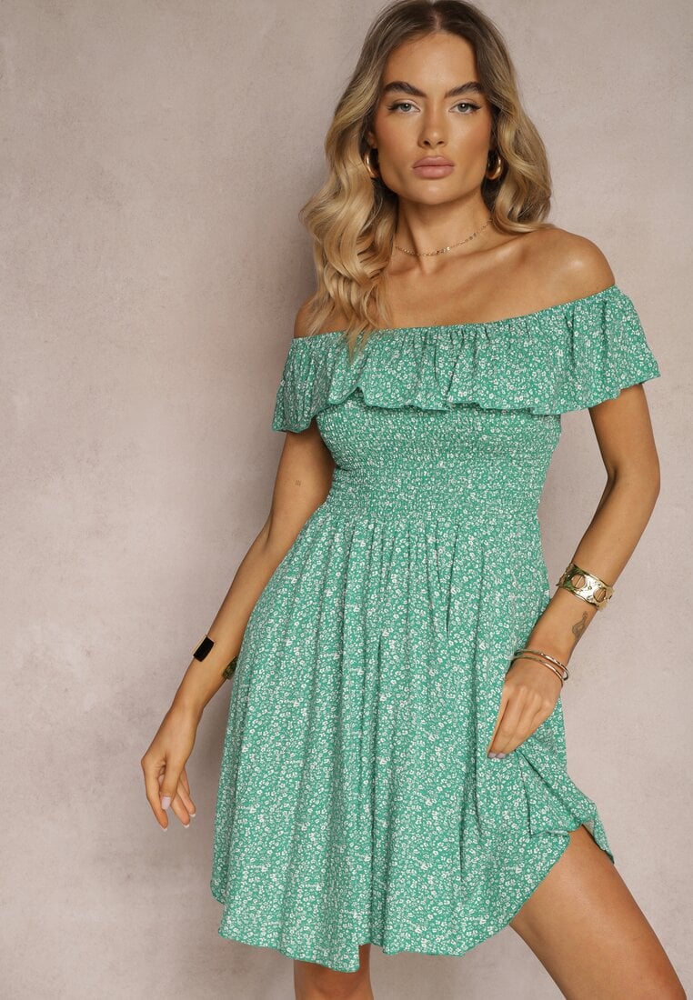 Rochie Verde Florala Spaniolă din Bumbac cu Elastic în Talie Nevima