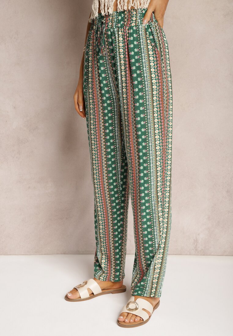 Pantaloni Largi Verzi din Bumbac cu Elastic în Talie Finnea