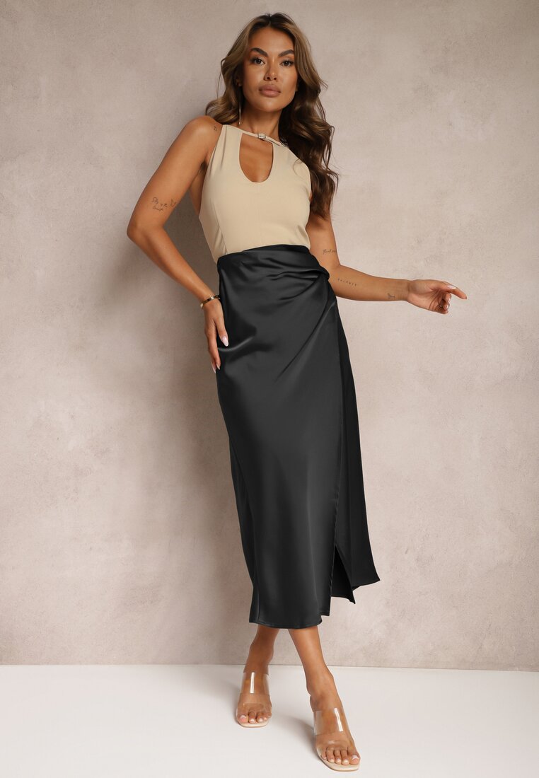 Czarna Spódnica o Kopertowym Kroju High Waist Onadea