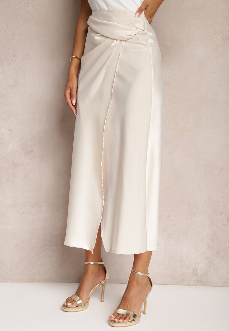 Beżowa Spódnica o Kopertowym Kroju High Waist Onadea
