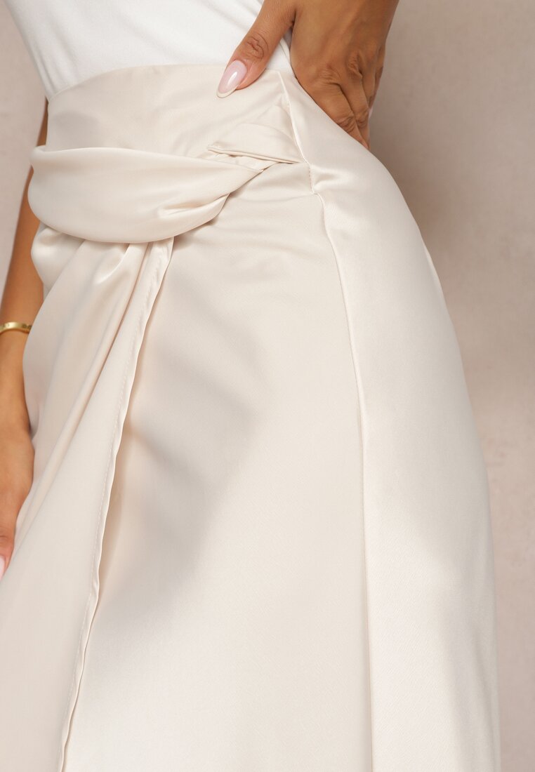 Beżowa Spódnica o Kopertowym Kroju High Waist Onadea