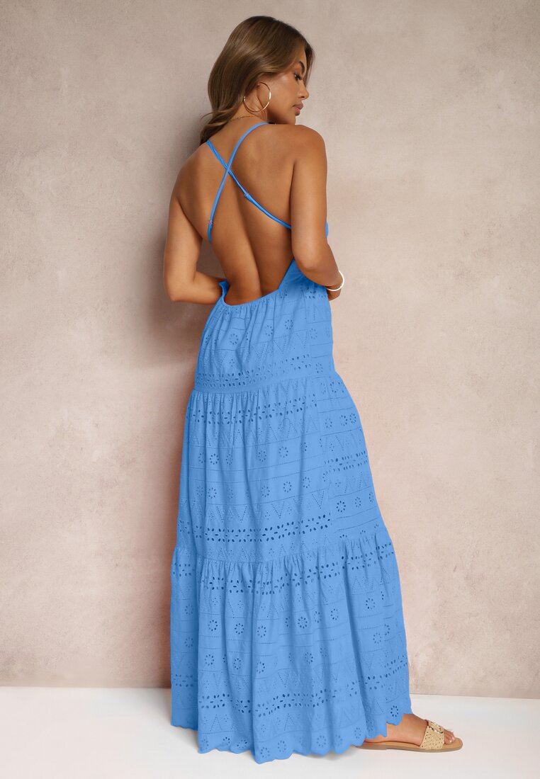 Rochie Albastră din Bumbac cu Dantelă pe Bretele cu Reglare și Crăpătură pe Picior Quinnea