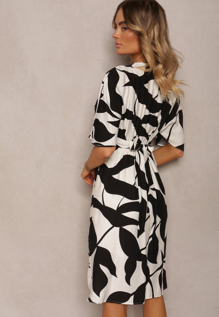 Czarno-Biała Sukienka o Taliowanym Kroju Wiązana w Pasie Nellsiah