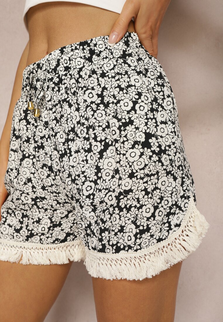 Negru-Bej Șorturi cu Talia Înaltă cu Elastic în Talie Imprimeu Floral și Franjuri Orifea