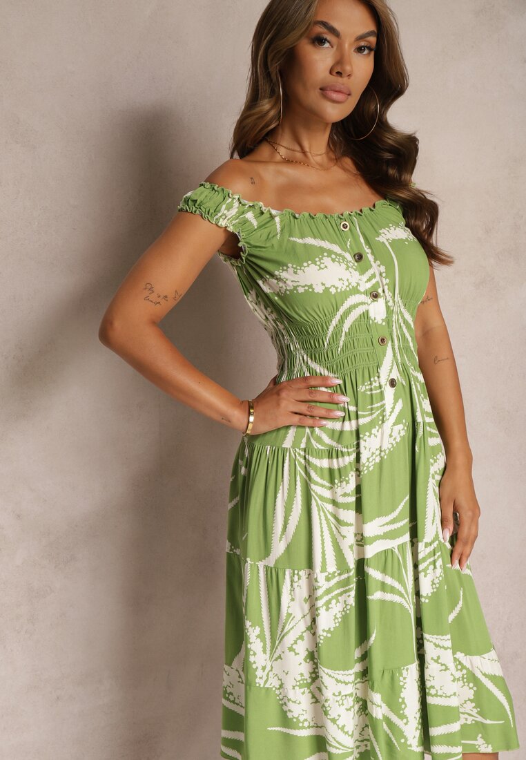Rochie verde deschis din viscoză cu bretele cu elastic în talie Peslifea