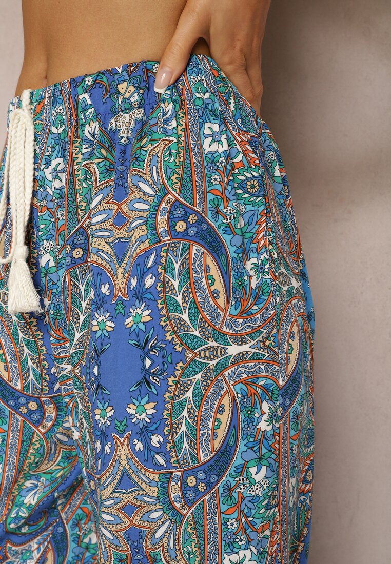 Niebieskie Szerokie Spodnie z Wiskozą High Waist z Gumką w Talii Ozdobione Frędzlami Nellthia