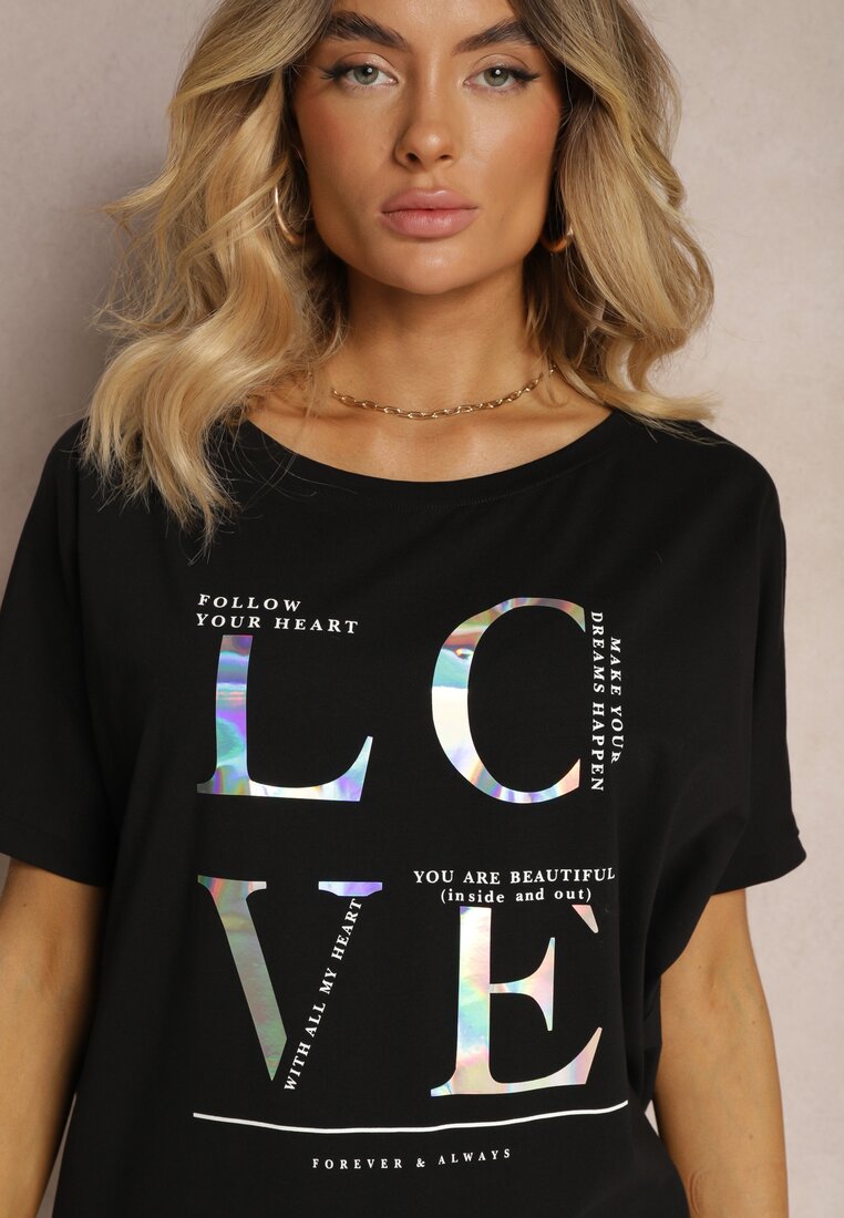 Tricou Negru din Bumbac cu Imprimeu Metalic Nolinea