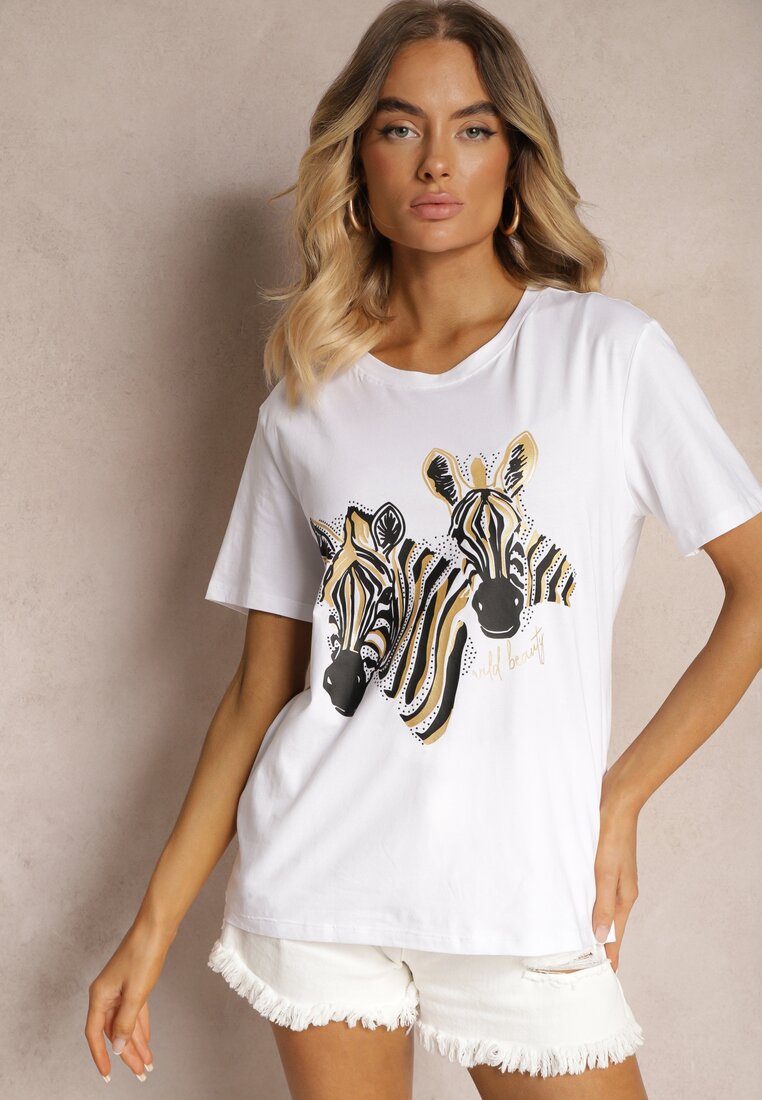 Biały T-shirt z Bawełny z Nadrukiem o Motywie Zwierzęcym Risabell