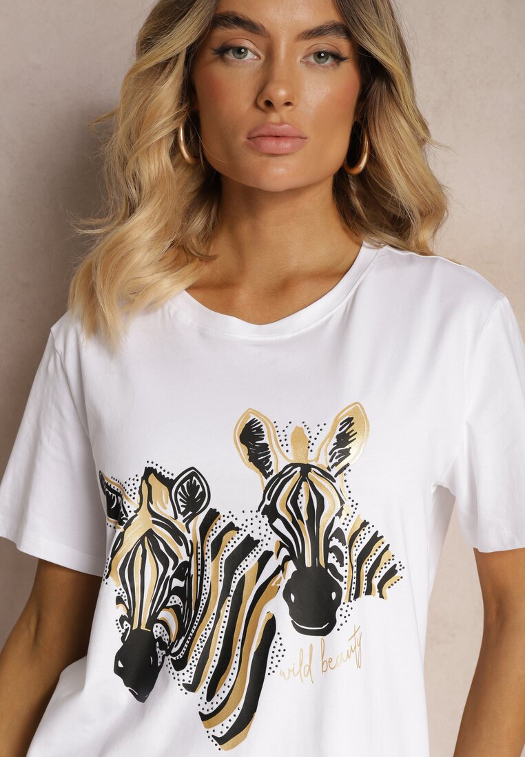 Biały T-shirt z Bawełny z Nadrukiem o Motywie Zwierzęcym Risabell