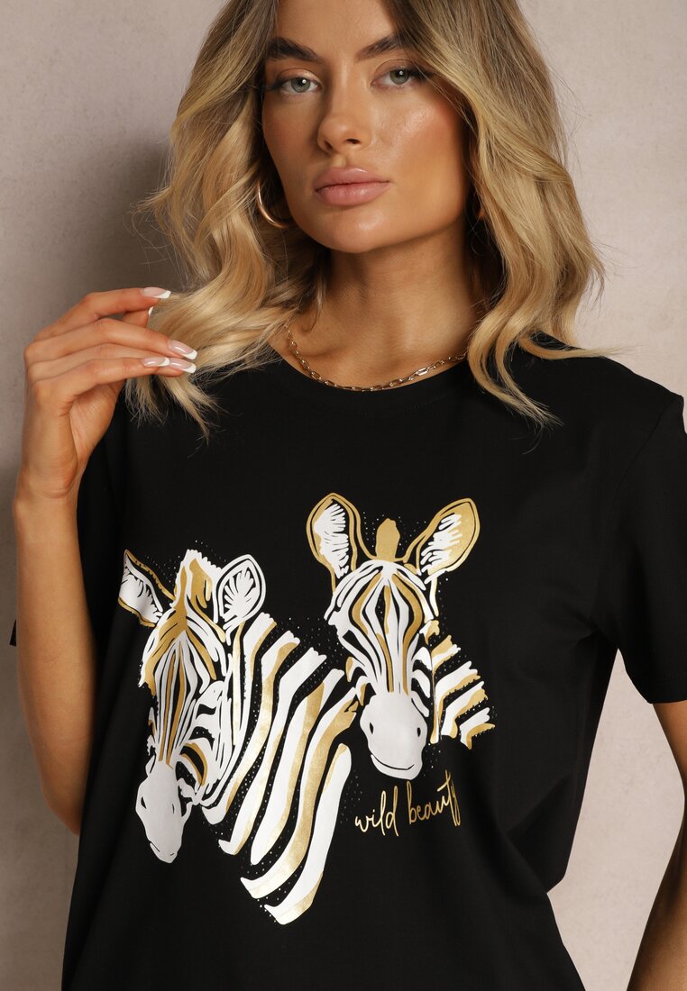Tricou negru din bumbac cu imprimeu animalier Risabell