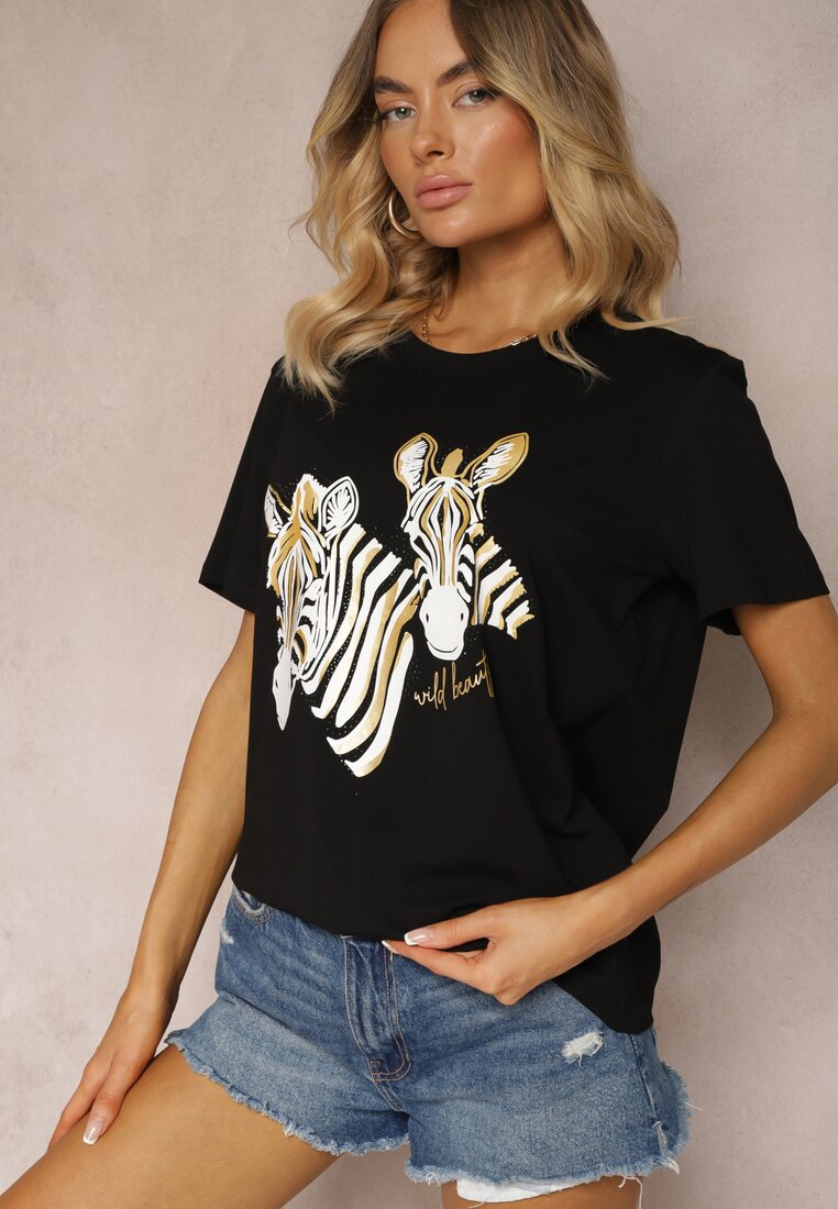 Tricou negru din bumbac cu imprimeu animalier Risabell