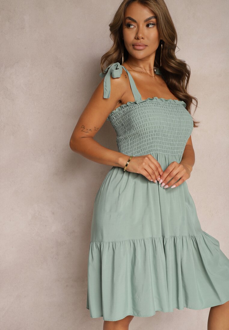 Rochie din Bumbac Menta cu Bretele și Elastic în Talie cu Croi Evaseu Holfea