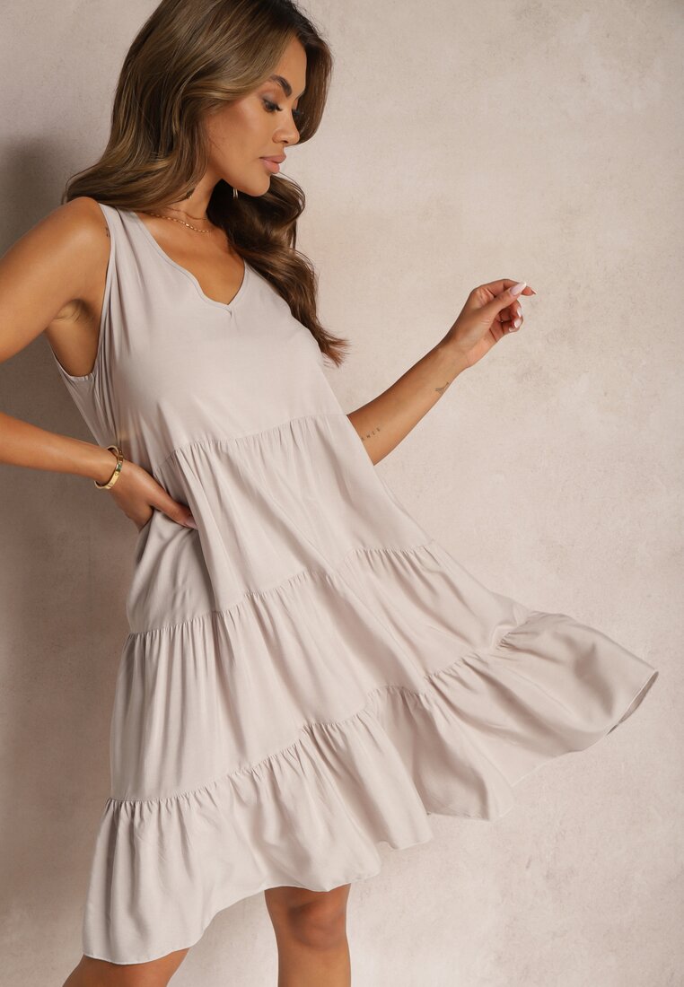 Rochie de Bumbac Bej cu Croi în Cloș fără Mâneci Gladea
