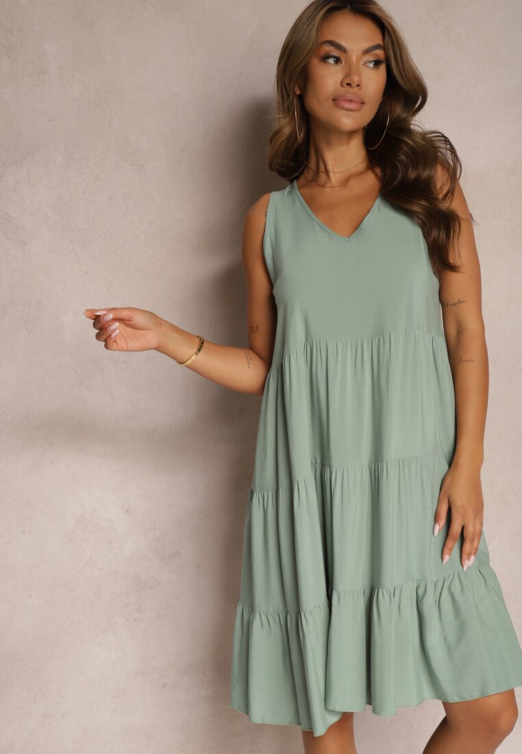 Rochie din bumbac verde închis cu croi evazat fără mâneci Gladea