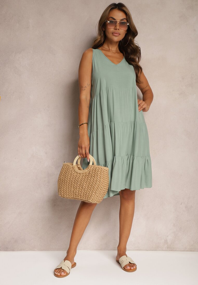 Rochie din bumbac verde închis cu croi evazat fără mâneci Gladea