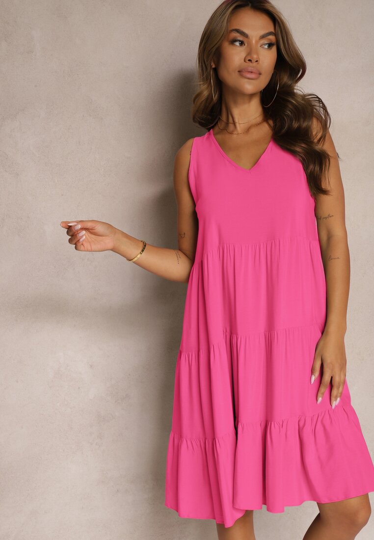 Rochie din bumbac fucsia cu croiala evazata fara maneci Gladea