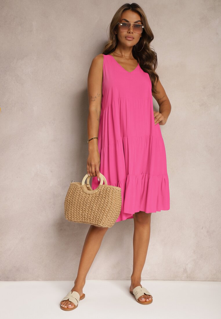Rochie din bumbac fucsia cu croiala evazata fara maneci Gladea