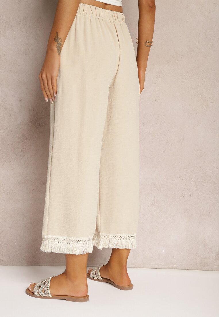 Pantaloni largi bej talie înaltă cu elastic în talie Jolfea